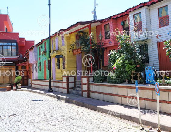 A row of colourful shops in the tourist district of old Istanbul near the Blue Mosque