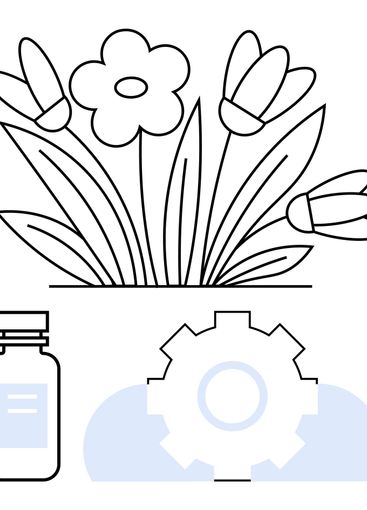 Line art of blooming flowers with a medicine bottle and...