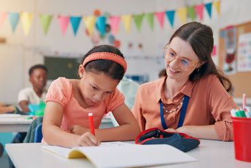 Education, girl and teacher with help, writing and child...