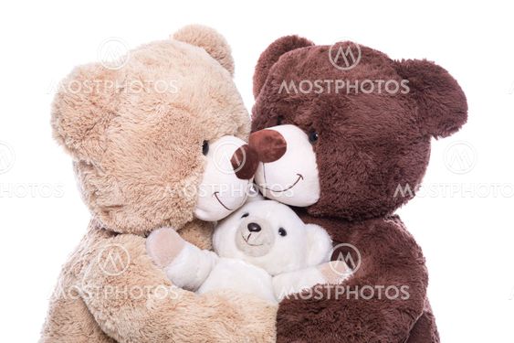 Happy family - mother, father and baby - concept with teddy bears isolated