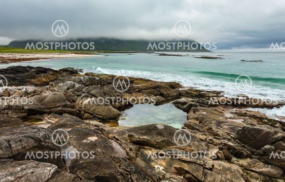 Ramberg beach summer cloudy view (Norway, Lofoten).
