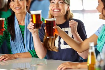 Celebration, beer and people in pub with sports game,...