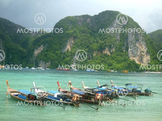 Longboats off Koh Phi Phi, Thailand