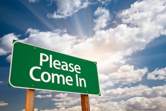 Please Come In Green Road Sign Against Clouds