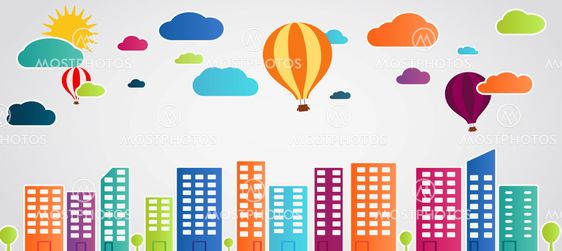 sun and clouds with hot air balloon