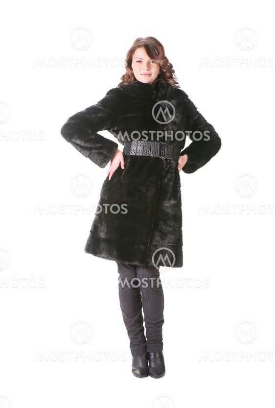 woman in black fur coat isolated