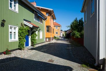 Small cozy street in scandinavia, Colorful wooden 