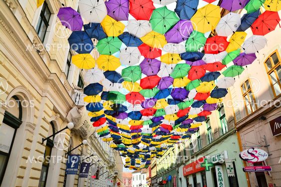 street with umbrellas