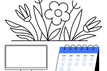 Monitor, Desk Calendar, and Blooming Flowers...
