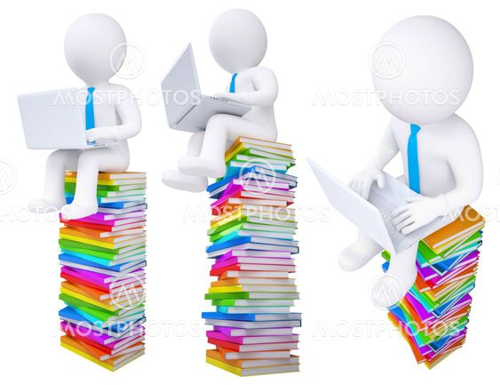 3d white man with a laptop sitting on books