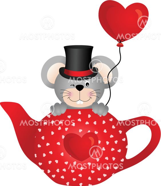Mouse in red tea pot with heart balloon