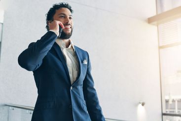 Phone call, smile and man in office, talking and...