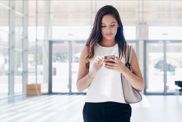 Professional, woman and phone for reading with scroll...