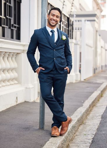 Happy, city and portrait of man for wedding, romantic...