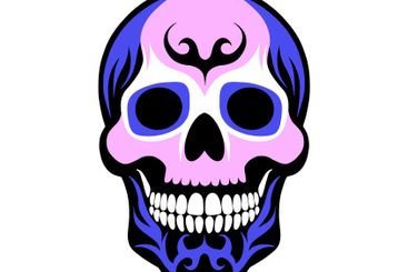 Multicoloured cheerful smiling skull on white background.