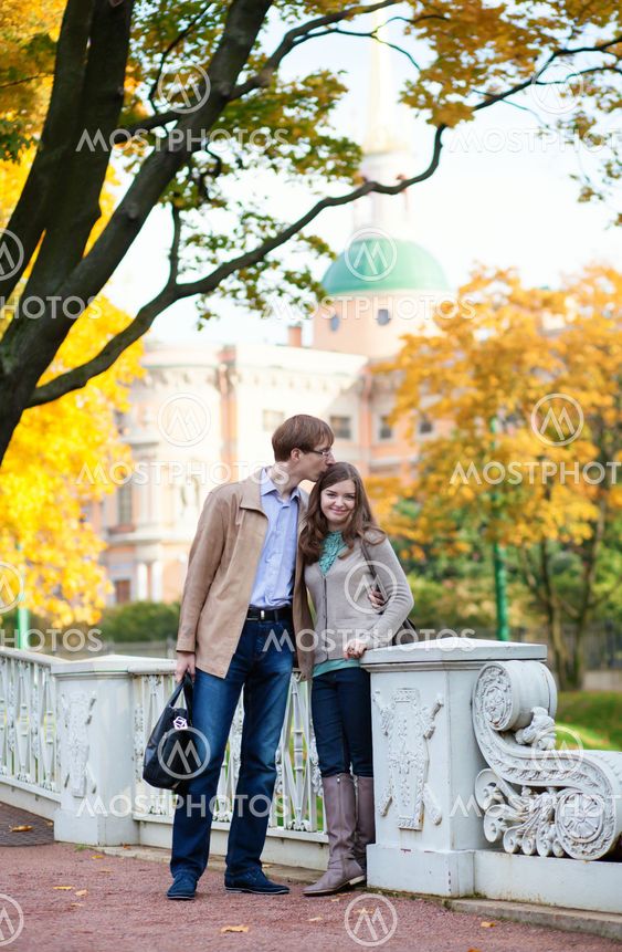 Dating couple on a fall day in Saint-Petersburg
