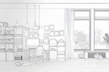 Modern and minimal home office interior design sketch...