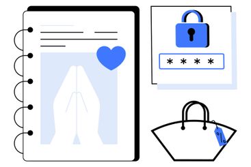 Praying hands in notebook with heart, secure password,...