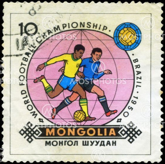 MONGOLIAN - CIRCA 1950: Stamp, printed in Mongolian showing world championship on football in Brazil, 1950, circa 1950.