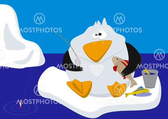 Funny penguin fishing on ice