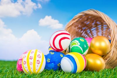 Easter Eggs on Fresh Green Grass over blue sky