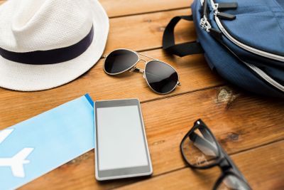 close up of gadgets and traveler personal stuff