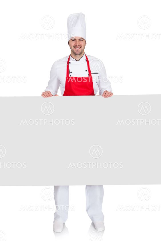 Chef in uniform presenting empty banner