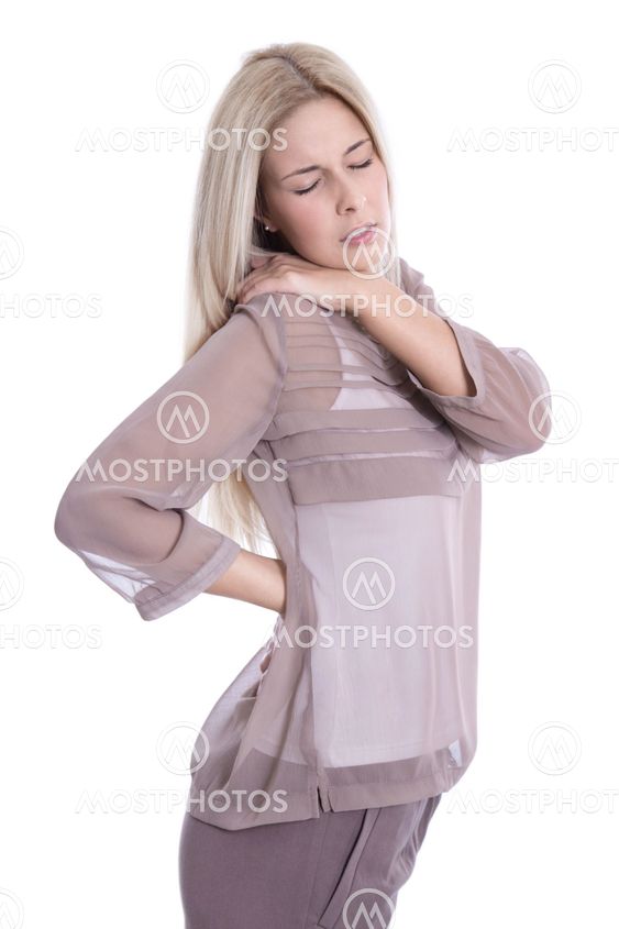 Young beautiful secretary has pains on her back isolated...