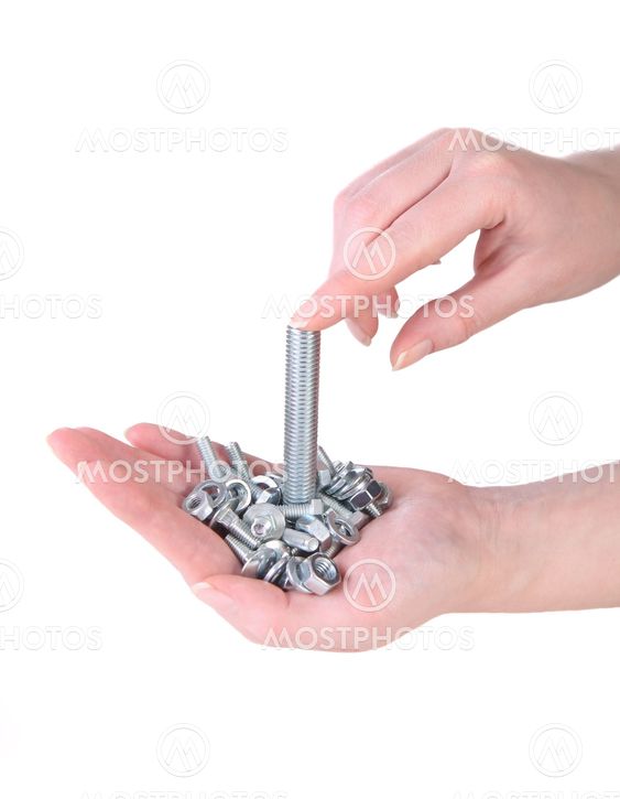 bolts and nuts in female hands