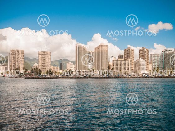 HONOLULU, HAWAII - FEB 2: View of Waikiki Yacht club from Ala Moana beach park with buildings behind