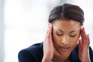 Office, businesswoman and pain with headache for stress,...