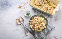 Cold cauliflower salad with red onions, chives with baked...