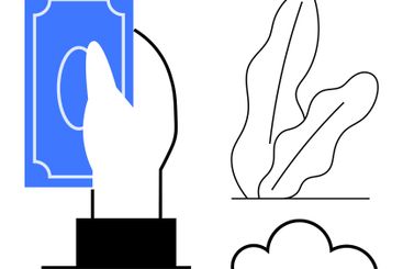 Hand holding money beside minimalistic plants and cloud...