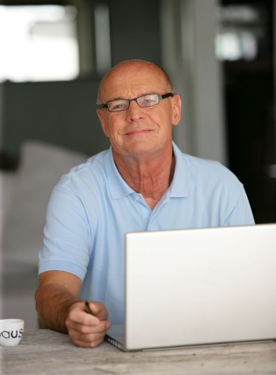 Bald man working from home