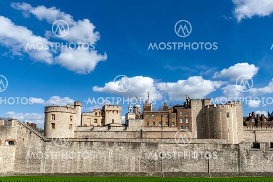 London, UK - April 2018: Exterior view of Her Majesty's Royal Palace and Fortress of the Tower of London, a historic castle and popular tourist attraction located on the north bank of the River Thames in central London, England