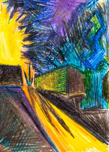 hand-drawn colorful cityscape lit by sunset sun