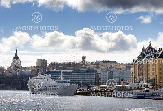 Slussen and the old town from the seaside with boats and...