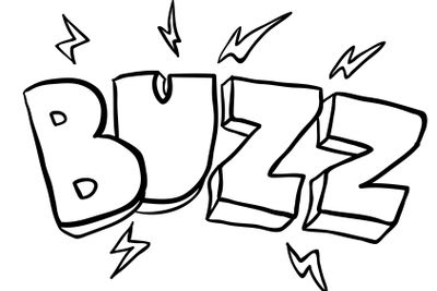 black and white freehand drawn cartoon buzz symbol