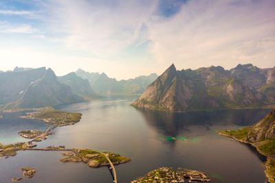 Fjord and mountains landscape. Lofoten islands Norway
