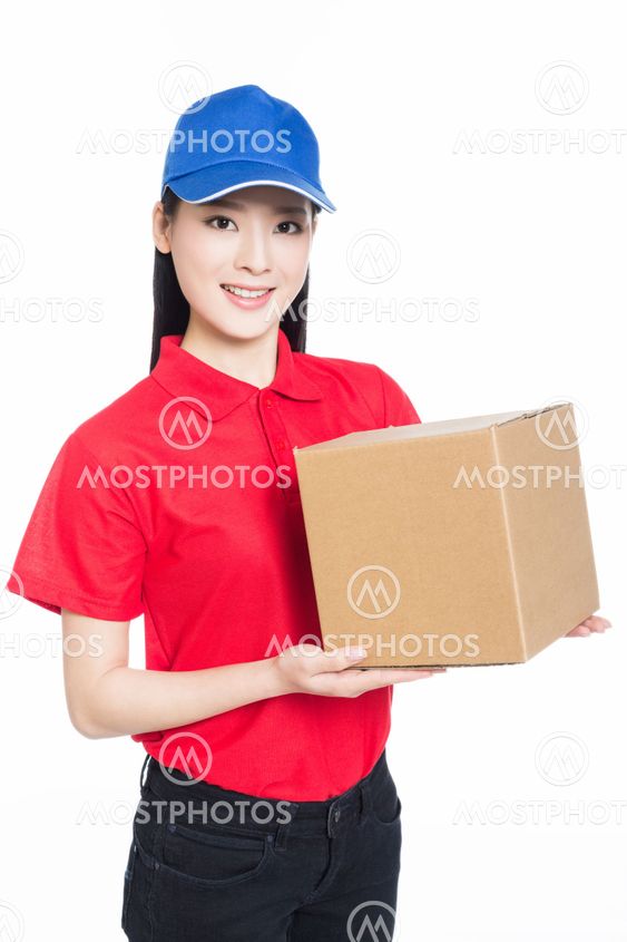 delivery woman carrying cardboard box