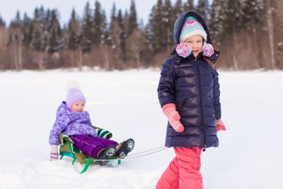 Adorable happy girl sledding her little sister