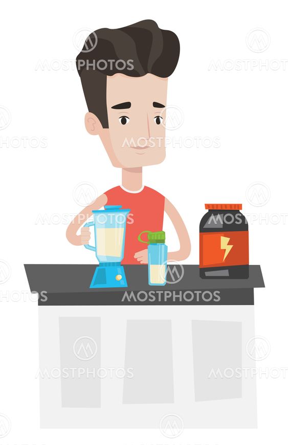 Young man making protein cocktail.