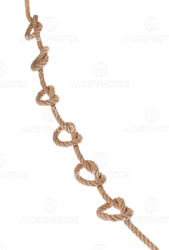 Knots and loops on the decorative rope, close-up on a white background.
