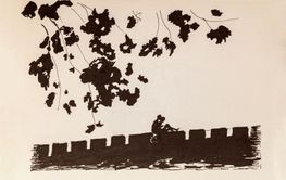 Ink illustration of couple sitting on stone wall beneath...