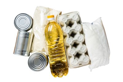 Food delivery Donation, quarantine help concept. Oil,...