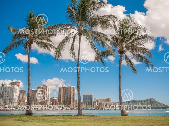 HONOLULU, HAWAII - FEB 2 : View of Waikiki Yacht club from Ala Moana beach park with buildings behind
