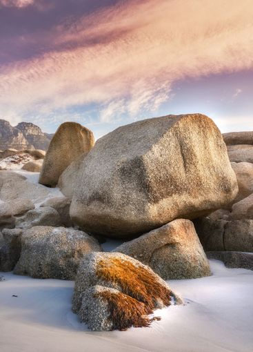 Outdoor, sandy and beach by sky with rocks, scenic view...