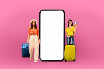 Travelers women next to huge smartphone mockup