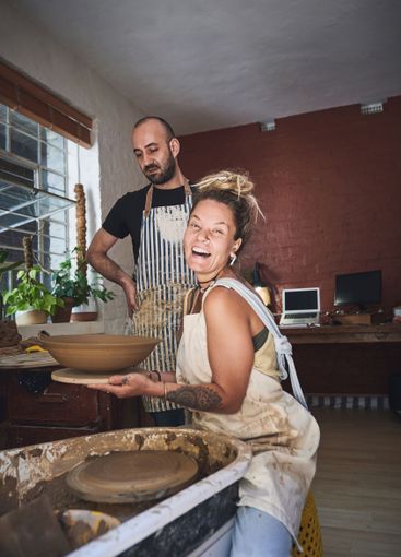 People, team and pottery class in portrait, working...