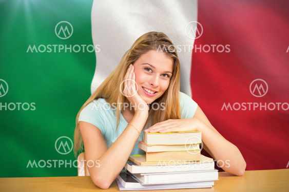 Composite image of portrait of female student in library